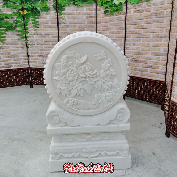 中式風格天然漢白玉石雕抱鼓浮雕門墩，花開富貴
