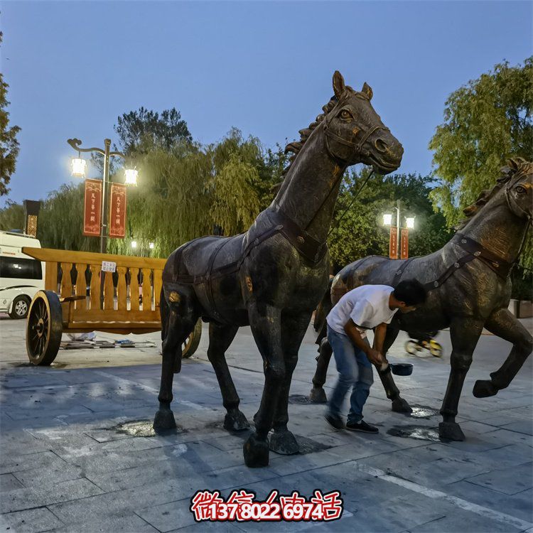 仿古銅中式馬拉車玻璃鋼景觀雕塑，非凡戶外擺放裝飾