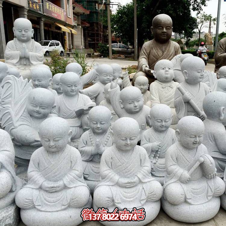 天然砂巖雕刻小沙彌擺件，美麗景致精美寺院家居裝飾