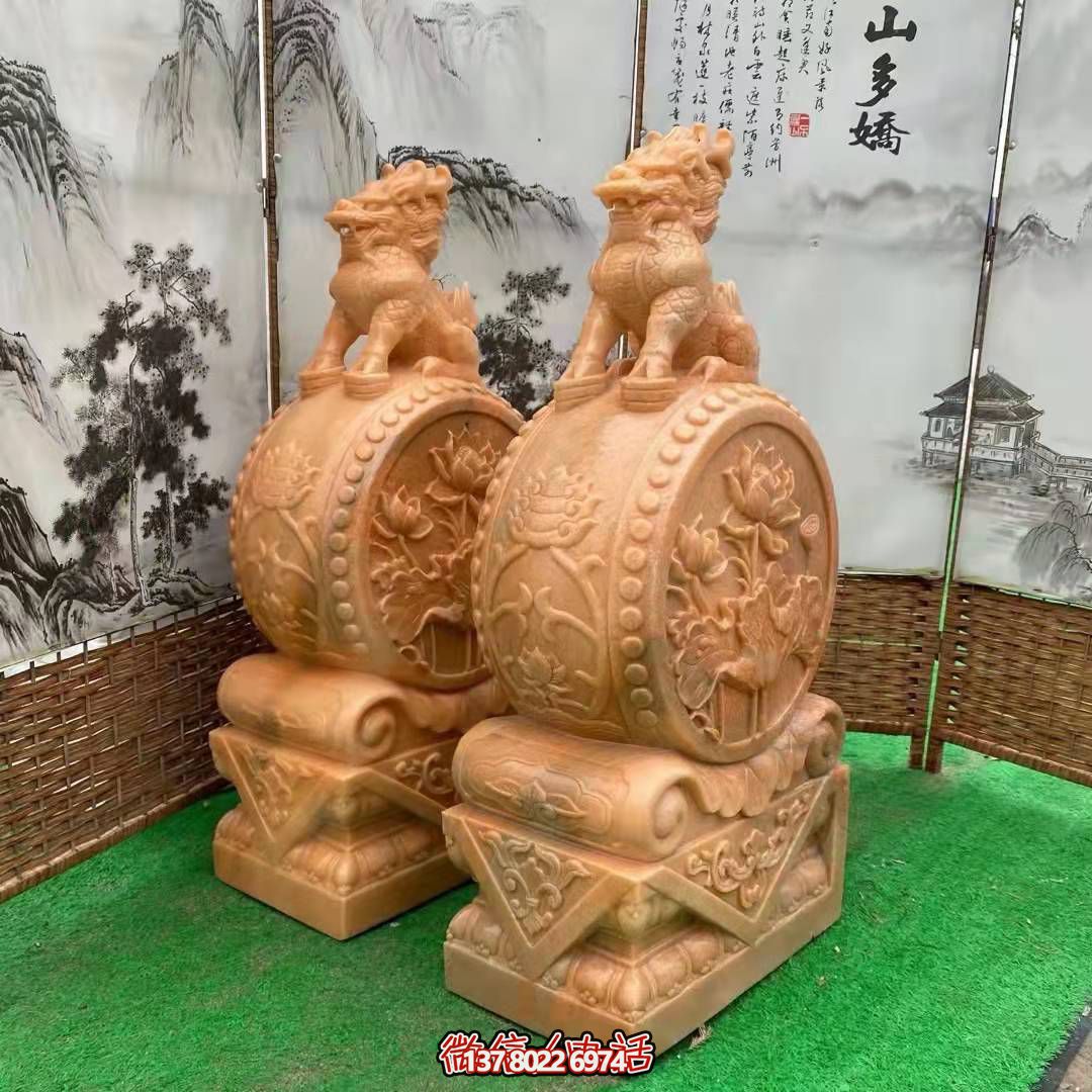 麒麟抱鼓石，晚霞紅荷花門墩